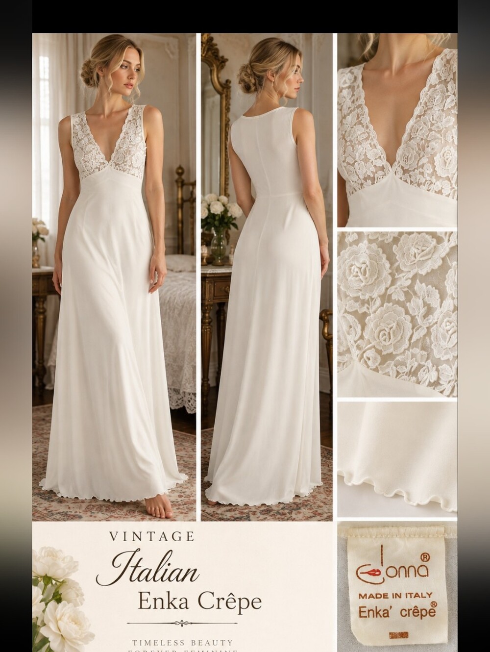 Vintage 1950s Italian Enka Crepe Long Slip Nightgown Ivory Lace Maxi Lingerie Sm